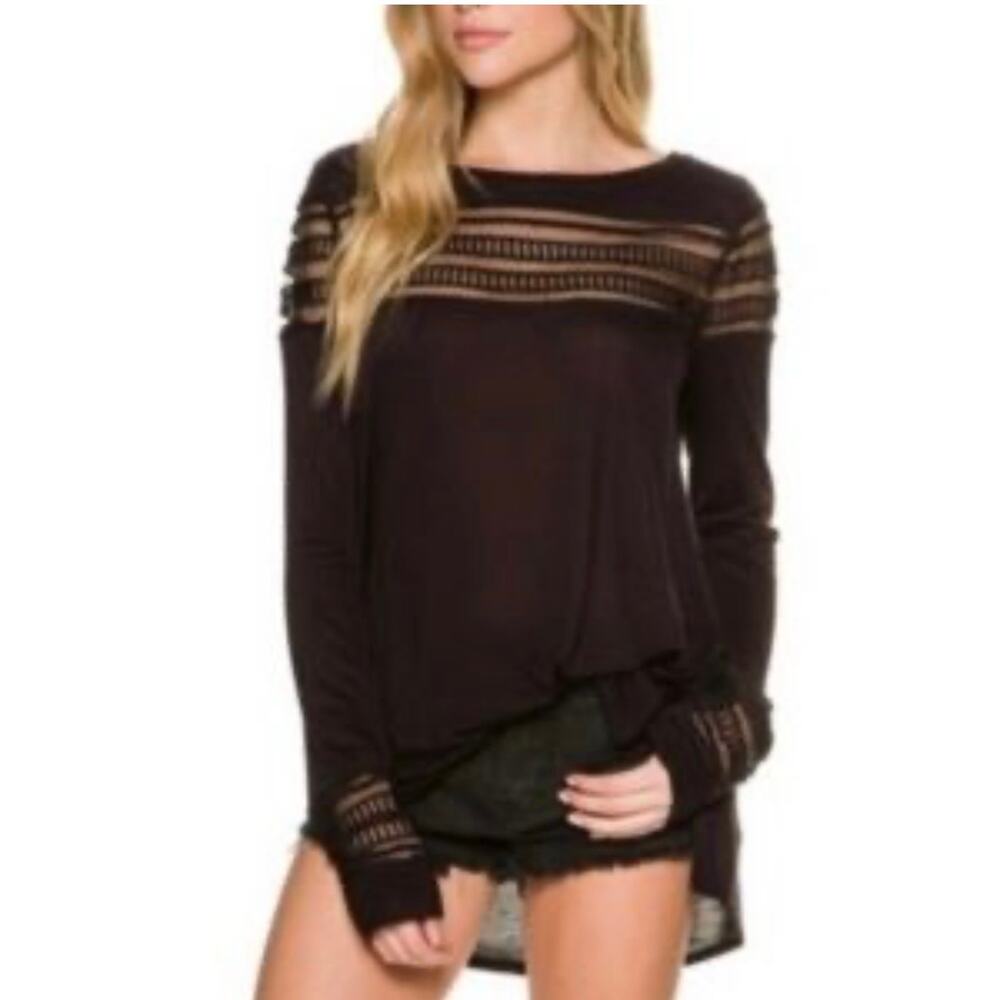 Free People Black Long Sleeve Hi-Low Hem Boho Top Lace Details XS "Roxy Tee"